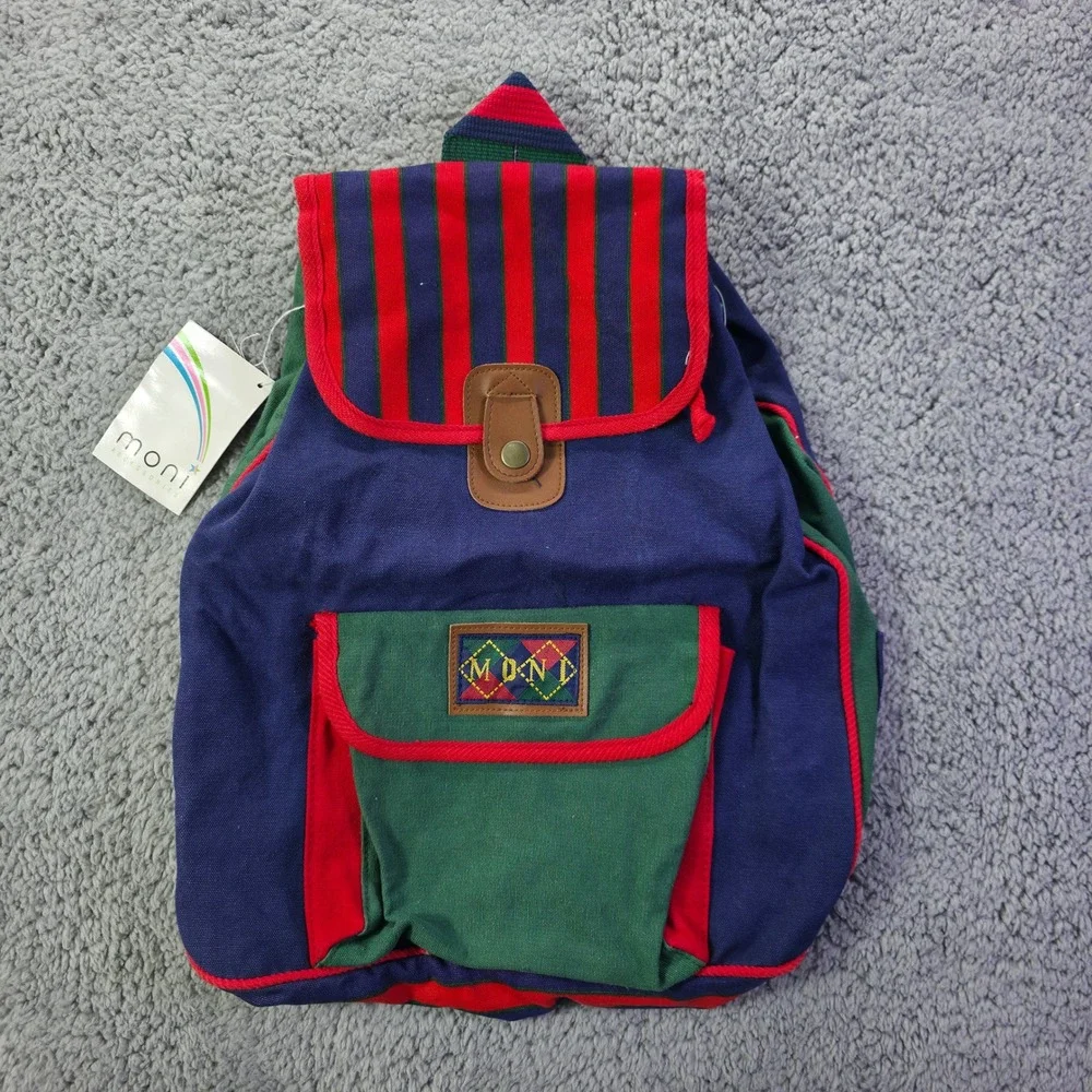 Moni Accessories Vintage Colorblock Canvas Backpack Navy Green Red Striped Strap